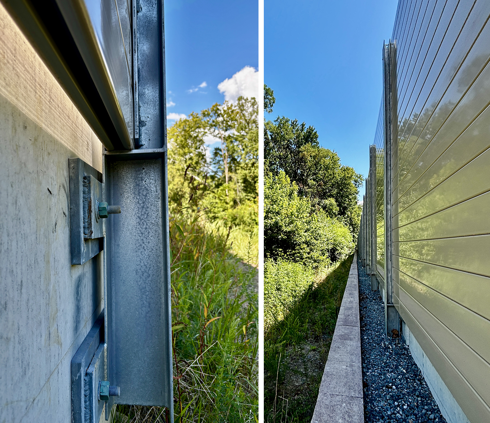  Two detail views of structure-mounted sound barrier wall 